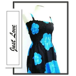 Blue Black Floral Midi Sundress Spaghetti Straps